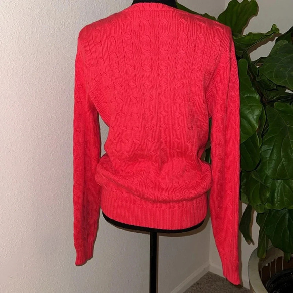 Ralph Lauren Women’s Strawberry Red V-Neck 100% Cotton Cable Knit Sweater XL - Picture 5 of 8